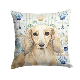 Longhaired Cream Dachshund Coastal Sea Glass Throw Pillow Decorative Indoor Outdoor Accent Cushion for Couch, Bed or Patio, 18Hx18W