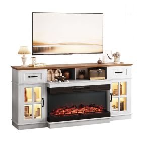 Brown Top + Washed White Cabinet Fireplace TV Stand for 36 Inch Insert, 2 Doors 2 Drawers 1 Shelf with RGB Lights, Media Console 178 x 34.6 x 82.4 cm