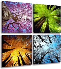 4 Panels Canvas Wall Art Spring Summer Autumn Winter Four Seasons Landscape Color Tree Painting Picture Prints Modern Giclee Artwork Stretched an