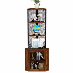 Corner Shelf with Doors, 65" Corner Cabinet & Wine Glass Rack, 6 Tier Bookshelf Display, Freestanding Corner Storage Stand for Kitchen, Living Ro