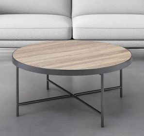 32" Brown and Black Wood And Iron Round Coffee Table
