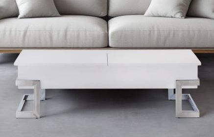 47" White and Silver Wood And Metal Lift Top Sled Coffee Table