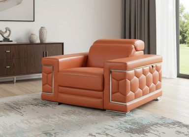 47" Brown And Silver Genuine Leather Arm Chair