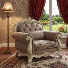 35" Gray and Antiqued White Fabric Floral Tufted Chesterfield Chair And Toss Pillow