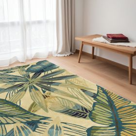 5' X 8' Ivory Teal And Green Wool Tropical Botanical Hand Tufted Area Rug