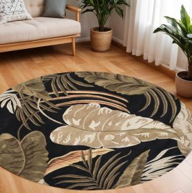 8' Black Beige And Brown Wool Botanical Leaves Hand Tufted Round Rug