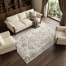 9' X 13' Ivory And Gray Floral Medallion Distressed Area Rug