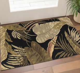 3' X 5' Black Beige And Brown Wool Botanical Leaves Hand Tufted Area Rug