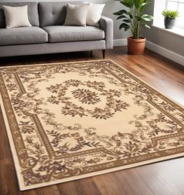 5' X 8' Beige And Brown Floral Medallion Area Rug