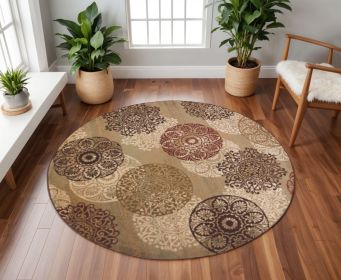 8' Sage Brown And Ivory Floral Medallion Round Rug