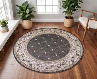 8' Gray And Ivory Floral Round Rug