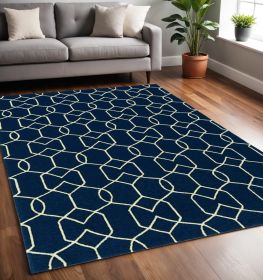 5' X 7' Navy Blue And Ivory Geometric Hand Hooked Area Rug