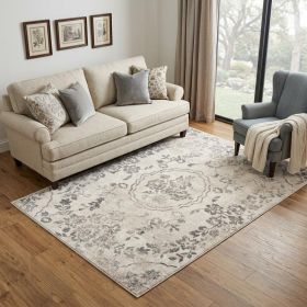 5' X 8' Gray And Tan Floral Distressed Area Rug
