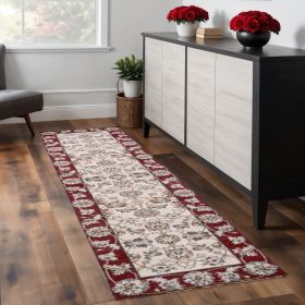 8' Ivory And Red Floral Medallion Runner Rug