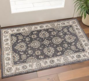 3' X 5' Gray And Ivory Floral Medallion Area Rug