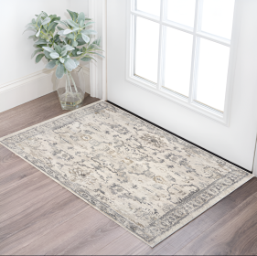 3' X 5' Ivory And Gray Floral Medallion Distressed Area Rug