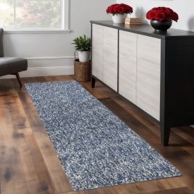 8' Indigo And Ivory Abstract Shag Hand Woven Runner Rug