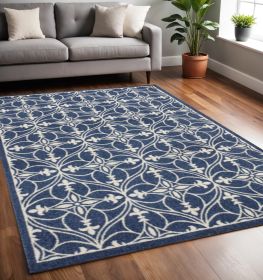 5' X 8' Blue And Ivory Floral Medallion Area Rug