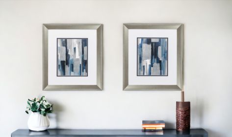 Set of Two Modern Blue Abstract Silver Framed Art