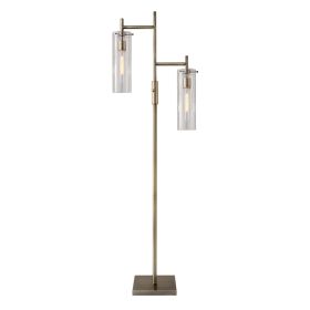 Brass Metal Two Light Novelty Floor Lamp With Clear Glass Drum Shade