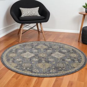 9' Sage And Slate Gray Wool Floral Medallion Distressed Round Rug