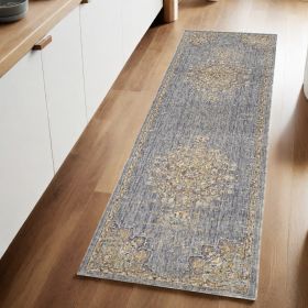 8' Slate Gray And Orange Wool Medallion Distressed Runner Rug