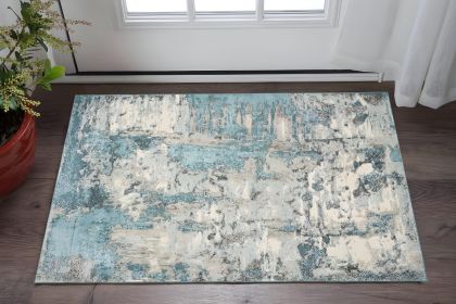 3' X 5' Ivory And Teal Abstract Area Rug