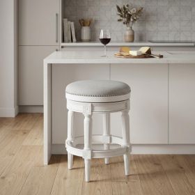 26" White Solid Wood and Fabric Backless Counter Height Swivel Bar Chair