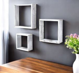 Set Of 3 Square Rustic White Wash Wood Open Box Shelve