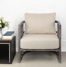 30" Cream and Brown Fabric Distressed Arm Chair