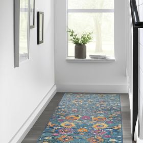 10' Blue And Orange Floral Distressed Runner Rug