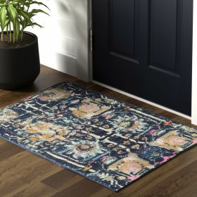 2' X 3' Navy Blue Yellow And Pink Floral Area Rug