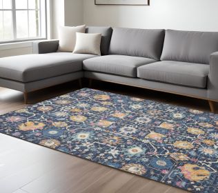 8' X 10' Navy Blue Yellow And Pink Floral Area Rug