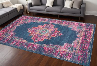 7' X 10' Blue And Pink Medallion Distressed Area Rug
