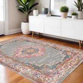 4' X 6' Gray And Gold Medallion Distressed Area Rug