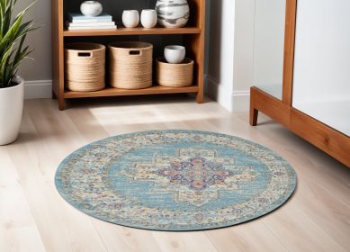 5' Blue And Ivory Southwestern Distressed Round Rug