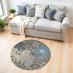 4' Blue And Gray Floral Round Rug