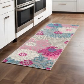 8' Gray And Pink Floral Runner Rug