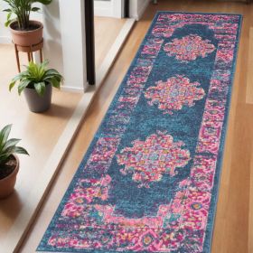 6' Blue And Pink Medallion Distressed Runner Rug