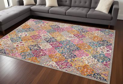 7' X 10' Gray Blue And Orange Quatrefoil Distressed Area Rug