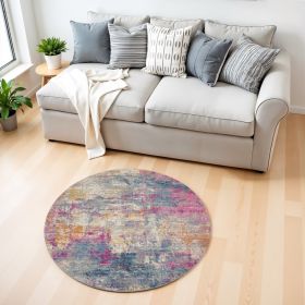 4' Ivory And Blue Abstract Round Rug