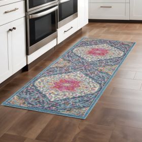 8' Blue And Ivory Medallion Distressed Runner Rug