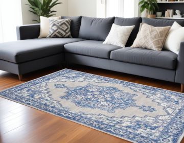6' X 9' Blue And Gray Floral Area Rug