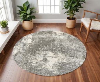 8' Round Gray And Ivory Distressed Abstract Area Rug