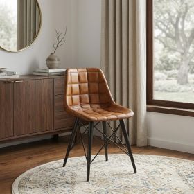 18" Brown Faux Leather Checkered Tufted Side Chair