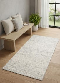 2' X 5' Ivory and Gray Ikat Power Loom Distressed Area Rug
