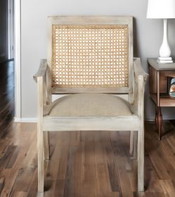 28" Cream and Natural Fabric Distressed Arm Chair