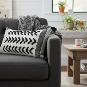 White And Gray Fringed Lumbar Pillow Cover