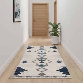10' Blue And Ivory Southwestern Runner Rug