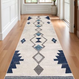 20' Blue And Ivory Southwestern Runner Rug